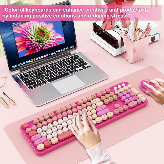 Wireless Keyboard and Mouse Combo, Ergonomic Full Size Typewriter Retro Round Keycaps Keyboard, Compatible with Windows, PC, Perfer for Home and Office Keyboards (Red)