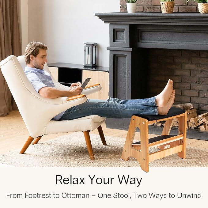 StrongTek Double Step Footrest, Adjustable Wooden Foot Stool with 4 Height Levels, Cushioned Top & Non-Slip Base, Ergonomic Under Desk Leg Rest for Office Home