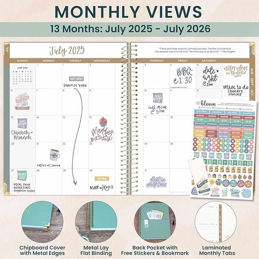 bloom daily planners HARDCOVER 2025-2026 (8.5" x 11") Academic Year Day Planner (July 2025 - July 2026) - Aesthetic Task Goal Organizer - Monthly & Weekly Inspirational Agenda Book - Green Linen