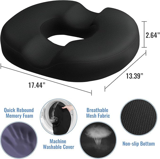Donut Pillow Seat Cushion Chair Pad for Tailbone Pain Relief and Hemorrhoids, Memory Foam Seat Chair Cushion for Postpartum Pregnancy, Seat Cushions for Men and Women for Home & Office, (Black)