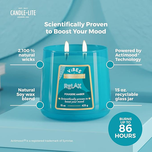 Candle-Lite Vibes Fougere Amber Mood-Enhancing Scented Candles, 15 oz Jar, Aromatherapy, Proudly Poured in The USA, 2-Wick, 86 Hours Burn Time, Perfect Relaxation Gift