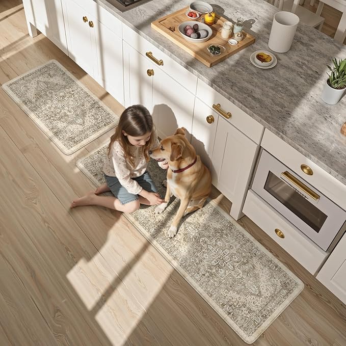 KIMODE Anti Fatigue Kitchen Mats 17"x59"+17"x29", Boho Kitchen Rugs Set of 2, Non-Slip Cushioned Kitchen Mats for Floor, Waterproof Kitchen Floor Mats for Sink, Laundry, Office, Desk Khaki