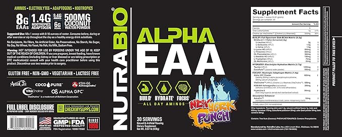 NutraBio Alpha EAA - All-Day Amino Acids for Muscle Growth and Hydration - Essential Amino Acids with Nootropics & Adaptogens- Full Spectrum EAA BCAA Powder - 30 Servings - New York Punch