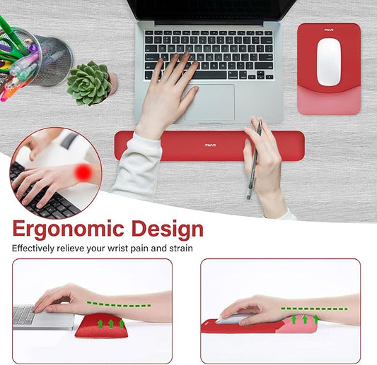 MOSISO Wrist Rest Support for Mouse Pad&Keyboard Set, Rectangular Ergonomic Mousepad Non-Slip Base Home/Office Pain Relief&Easy Typing Pad with Neoprene Cloth&Raised Curved Memory Foam, Red