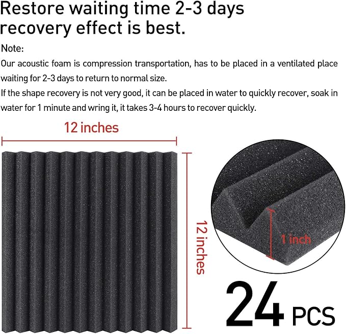 24 Pack Acoustic Foam Panels 1" x 12" x 12" Sound Proof Foam Panles Soundproofing Noise Cancelling Wedge Panels for Home Office Recoding Studio with 240PCS Double-Side Adhesive
