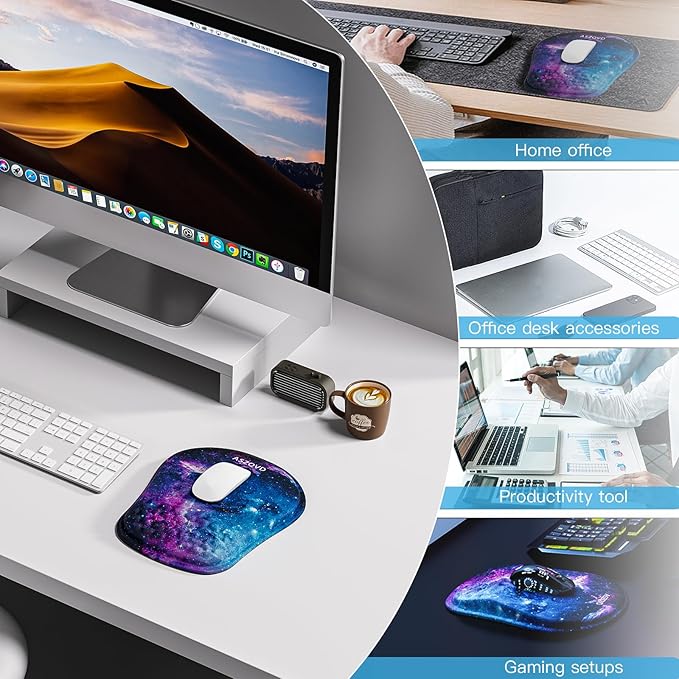 Mouse Pad with Wrist Rest, Ergonomic Mousepads with Wrist Support, Soft Lycra Fabric Memory Foam Office Desk Accessories for Comfort/Pain Relief/PC Gaming/Computer/Laptop (Purple Galaxy)