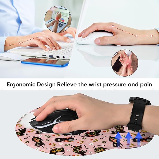 RICHEN Ergonomic Mouse Pad with Wrist Support,Non-Slip Rubber Base for Computer Laptop & Mac,Lightweight Rest for Home,Office & Travel (Flowers Cats)