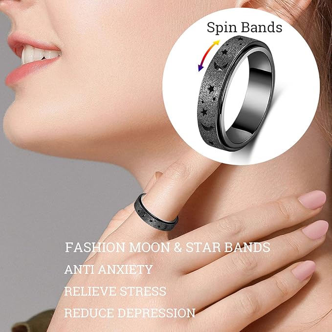 Anxiety Ring for Women Spinner Ring Fidget Ring Fidget Toys Adults Spinner Thumb Ring Anxiety Fidget Rings for Women Stainless Steel Anxiety Fidget Ring Men(Moon Star-Black, 10)
