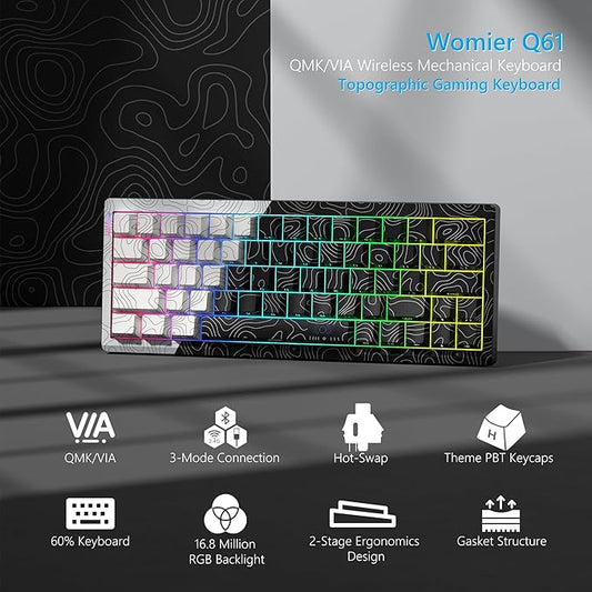Womier Wireless Gaming Keyboard 60 Percent with QMK/VIA, Topographic Creamy Mechanical Key Board, RGB Custom Gasket Hot Swappable for Windows & Mac-POM Linear Switch (Q61)