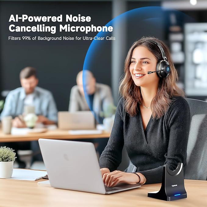 Wireless Headset with Mic for Work: 6.0 Bluetooth Headset with AI Noise Cancelling Mic,45 Hours Worktime & Mute Button, Headset with Microphone for Pc, iPhone,Computer,Remote Work,Office,Zoom, Skype