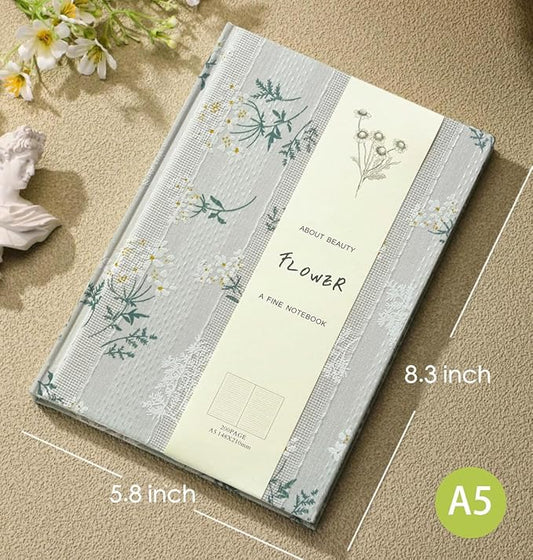 Floral Journal for women, Floret Printed Fabric Cloth Hardcover, A5, 200 Pages, 6x8 Medium Ruled Notebook, Similar Embroidered Linen Journal, Lay Flat Church Notes Notebook, Beige