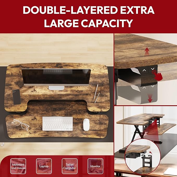 SANODESK Standing Desk Converter with Electric Motor 42" Height Adjustable Riser for Office Home,Dual Monitor and Laptop Workstation with Large Keyboard Tray,Rustic Color