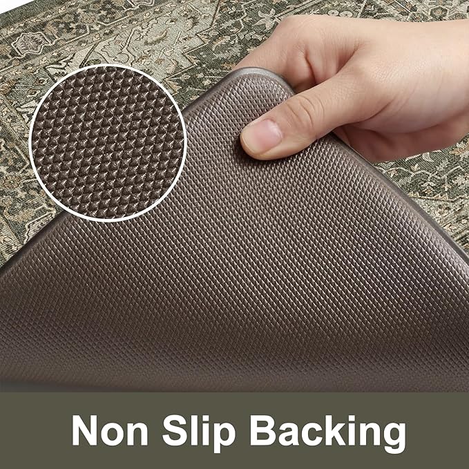 KIMODE Kitchen Mats Cushioned Anti Fatigue, Boho Distressed Kitchen Rugs Sets of 2, Non Slip Kitchen Floor Mat, Comfort Standing Mat for Laundry, Office, Sink, Desk Dark Green 17"x59"+17"x29"