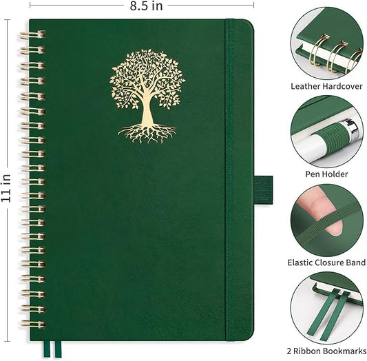 RETTACY Spiral Journal Notebook, 110 Numbered Pages, A4 Large Size (8.5'' x 11''), for Men & Women, Journaling, Writing, Work & Office, Leather Hardcover, 100 GSM Thick Paper (Dark Green)