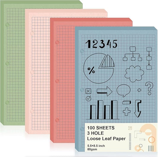 100 Sheets Half Letter 3 Hole Notebook Grid Paper Refill 5-1/2 x 8-1/2 Loose Leaf Paper for Mini Binder Colored Graph Paper Bulk Quad Ruled Graph Paper for Planner Inserts for School Office