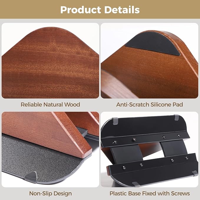 Wooden Vertical Laptop Stand, Adjustable Desktop Holder for Laptop, Tablet, E-Book, Black Walnut Color, Anti-Scratch Silicone Pads, Non-Slip Plastic Base, Max Clamp Thickness 1 in