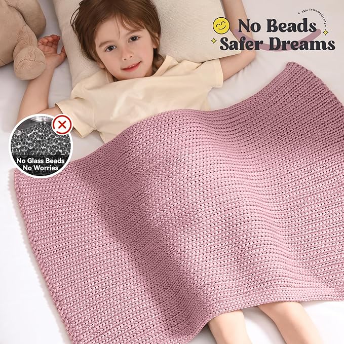 Guohaoi Knitted Weighted Lap Pad (Muted Pink 20"x30" 2lbs) No Beads Cooling Weighted Blanket Kids for Nap, Breathable Chunky Knit Blanket, Small Throw Blanket for Travel Indoor Outdoor