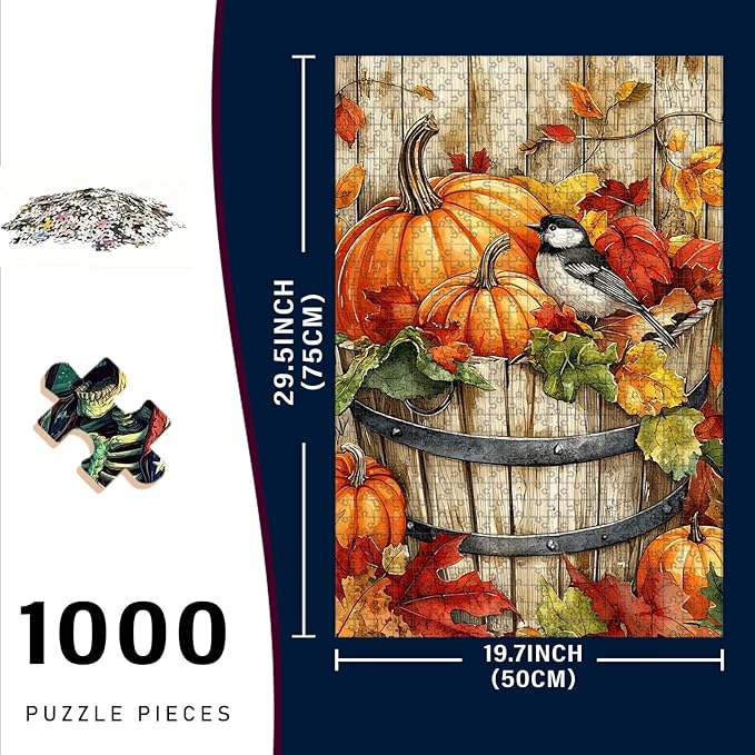 1000 Piece Wooden Puzzle Jigsaw Fall Pumpkin Chickadee Puzzle Adults Humorous Challenge for Stress Relief & Brain Fun 29.5x19.7 Inch