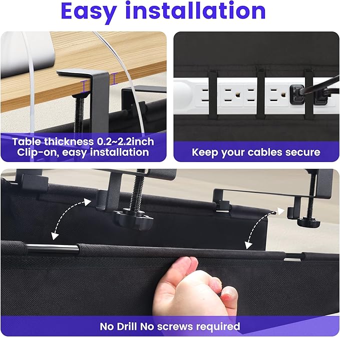 Under Desk Cable Management Tray, Clamp-On Cord Organizer,No Drilling Required, Holds Up to 22 lbs, for Cords, Routers, Power Strips (Black, 28.4inch)