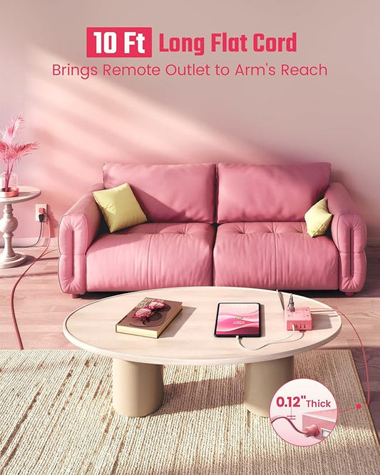 Pink Extension Cord 10Ft, Flat Plug Surge Protector Power Strip, 8 Outlets & 4 USB Ports (2 USB C), Cute Stuff Pink Room Decor, Home Office Kawaii Desk Accessories for Girls