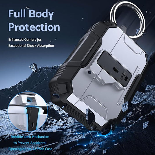 DASFOND Armor Earphone Cover Case for Airpods Pro, Military Grade Full Body Shockproof Protection Hard Case, Support Wireless Charging with Keychain, Magnetic Lid, Front LED Visible, Silver