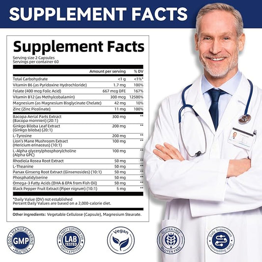2-Pack Brain Supplements for Memory and Focus | Nootropic with Bacopa Monnieri, Lion's Mane, Alpha GPC, Ginkgo Biloba | Mental Clarity & Cognitive Support | Vitamin B6 & B12 Neuro Health