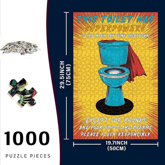 1000 Piece Wooden Jigsaw Puzzle Toilet Superpowers for Adults Kids Challenging Educational Game Stress Relief Time Killing Focus Tool for Home Bar Decor & Friends Gatherings 29.5x19.7 Inch