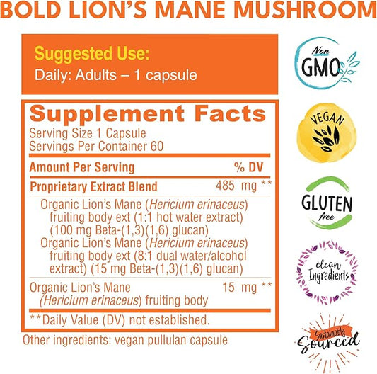 Lion’s Mane Mushroom Capsules - 100% Fruiting Body – Concentrated Organic Lion’s Mane Extracts – Nootropic Brain Health – Memory, Mood, Immune Support – 60 Vegan Capsules