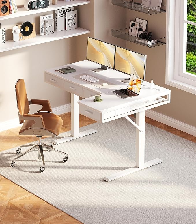 OffiGo 55 Inch L Shaped Electric Standing Desk with Drawers, Height Adjustable Large Desk with Power Outlets, Sit Stand Table, Writing Computer Desk for Home, Office, Workstation, White