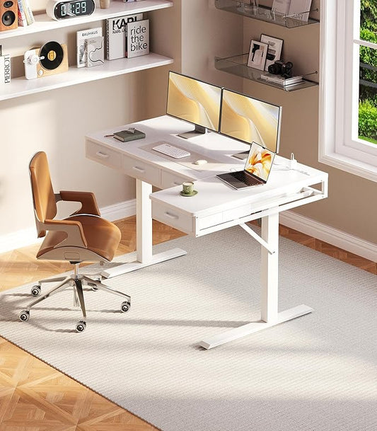 OffiGo 55 Inch L Shaped Electric Standing Desk with Drawers, Height Adjustable Large Desk with Power Outlets, Sit Stand Table, Writing Computer Desk for Home, Office, Workstation, White