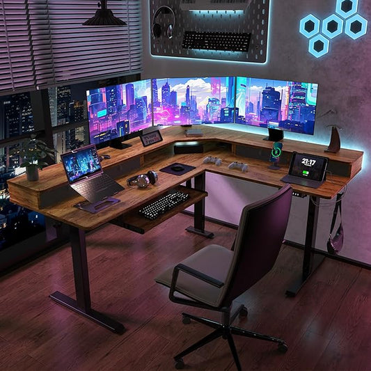 L Shaped Standing Desk with USB Charging Port & 4 Drawers,63 x 55 inch Electric Adjustable Height Corner Stand Up Desks with Keyboard Tray & Storage,Sit Stand Computer L Desk for Gaming Office