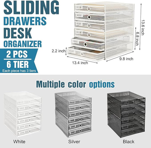Zhanmai 2 Pcs Desk Organizer with Drawer Total 6 Tiers, Wire Mesh Organizers Tray Multifunctional Paper Sorter File Stand for Home Office Supplies Storage Letter A4 Paper Office Accessories(White)
