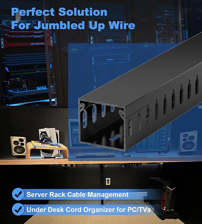 ZhiYo H1.4 x W1.6in Server Rack Cable Management Raceway, 94.5in(6X L15.7in) Cable Raceway Kit, Electrically Safe PVC Open Slot Wire Cord Hider for Under Desk/Computer/Network Cords, Black