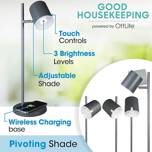 OttLite LED Desk Lamp with Wireless Charger, Good Housekeeping, Modern Book Light, Reading Light, Adjustable, Dimmable, Designed to Reduce Eyestrain, Great Desk Lamps for Home Office