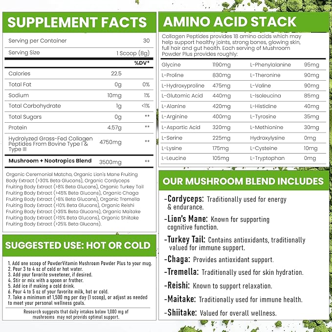 Organic Ceremonial Mushroom Matcha Certified Pesticide-Free Grass-Fed Collagen Types I & III 8 Fruiting Body Mushrooms Tested for Beta-Glucans Focus Digestion & Immunity 30 Servings