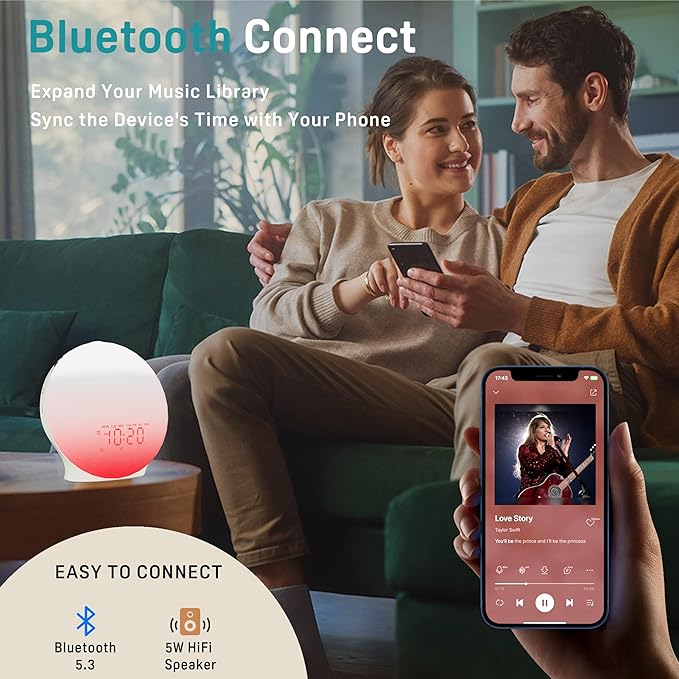 JALL Wake Up Light Sunrise Alarm Clock for Kids, Heavy Sleepers, Bedroom, White Noise Sound Machine with 17 Nihgt Lights, 25 Soothing Sounds, Bluetooth Speaker, Dual Alarms, FM Radio, Wood Grain