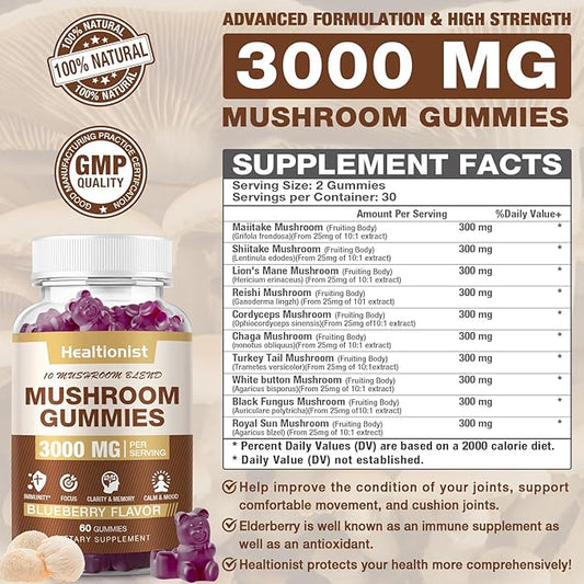 3000MG Mushroom Complex Gummies 10 Blend - Lion's Mane Gummies for Adults, Cordyceps, Shiitake, Reishi, Chaga, - Brain, Immune Support & Stress Relief, Energy, Mushroom Supplement for Men & Women 60ct