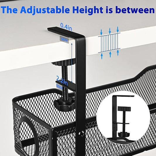 No Drill Under Desk Cable Management Tray – Clamp-On Metal Cable Organizer for Power Cords – Easy Install Wire Holder for Home Office Desk (Black)
