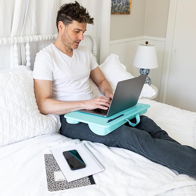 LAPGEAR Original Lap Desk – Large (17.9” x 13”) | Fits Up to 17.3” Laptops | Cushioned with Device Ledge, Pencil Tray & Handle | Portable & Lightweight | 12-Pack | Aqua Sky – Style No. 45009