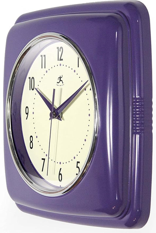Infinity Instruments Retro Wall Clock - 9 Inch Square Clock - Silent Non-Ticking Mid Century Modern - Kitchen Clock Office Clock Diner Wall Clock - Vintage Wall Clock Decorative - Purple