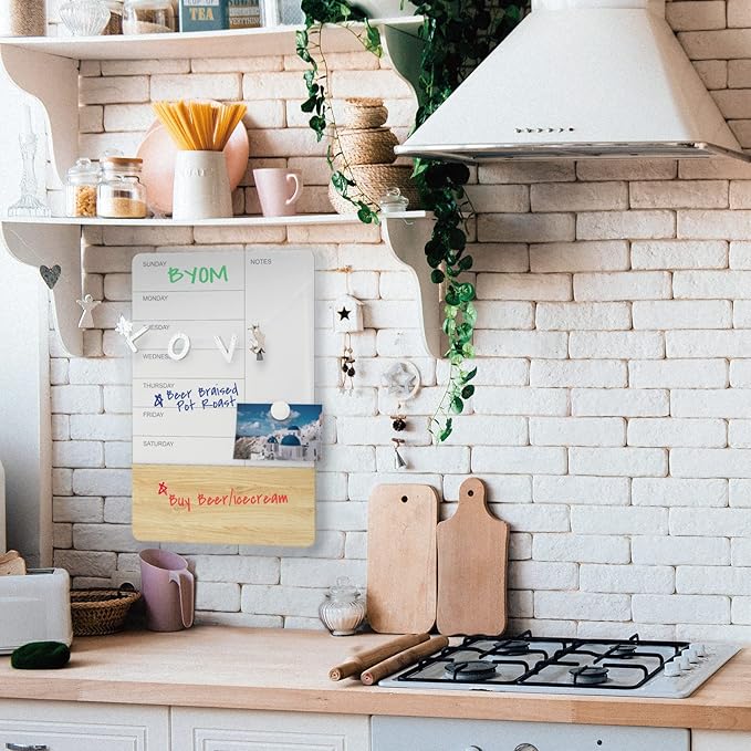 Audio-Visual Direct Wall Mounted Weekly Planner Glass & Wood Dry-Erase Board