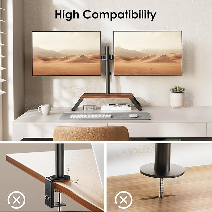 Dual Monitor Stand Riser for 12-27 Inch Computer Screens, Freestanding Double Monitor Stand for Desk, Adjustable Dual Monitor Mount Each Arm Hold up to 22lbs, VESA 75x75/100x100mm