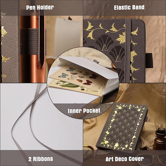 TIEFOSSI Bullet Dot Journal, Vintage Journal Notebook for Women Men, 160 GSM 192 Premium Pages, A5 Hardcover Journaling Notebooks Gift, for Travel Office Daily Writing