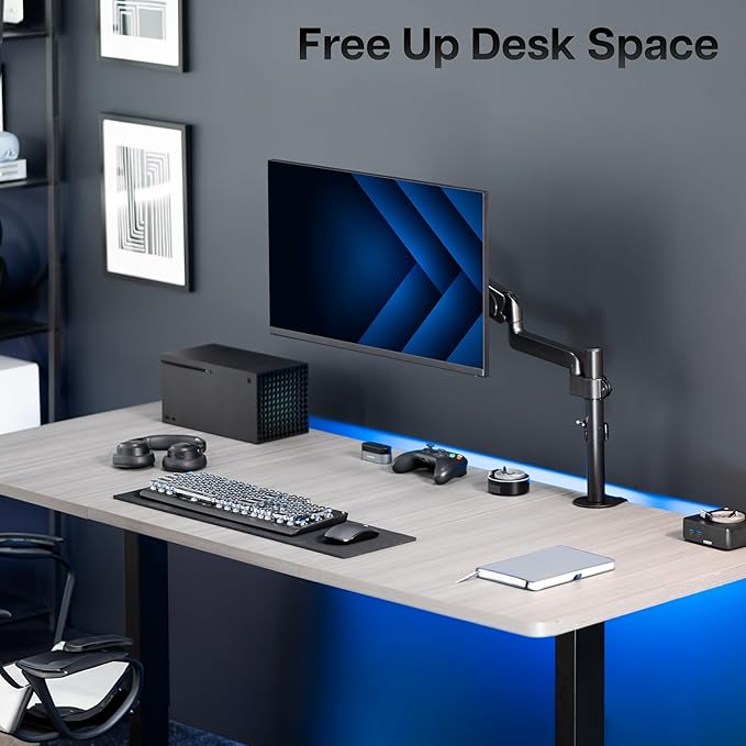 VIVO Single Monitor Arm Mount for 17 to 32 inch Screens - Pneumatic Height Adjustment, Full Articulating Tilt, Swivel, Heavy Duty VESA Stand with Desk C-clamp and Grommet Option STAND-V001K