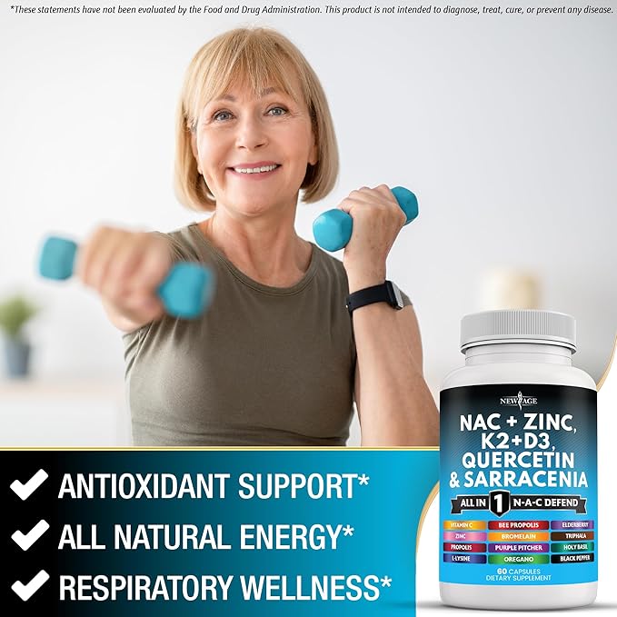 NEW AGE NAC Supplement N-Acetyl Cysteine- with Vitamin D3, K2, Zinc, Quercetin, Triphala, Sarracenia Purpurea, Elderberry, Holy Basil, Bee Propolis, Bromelain, L-Lysine - 60 Count