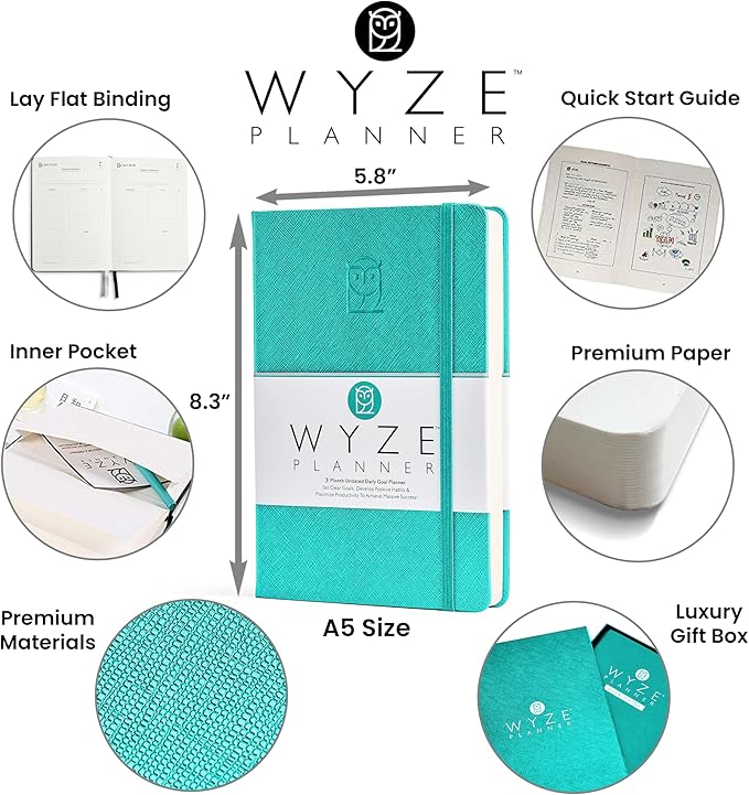 Undated Daily Planner – 3-Month A5 Productivity Organizer with Full Page Per Day, Hourly Schedule, Goal Setting, Habit Tracker, Weekly & Monthly Pages – Hardcover Time Management Notebook (Turquoise)