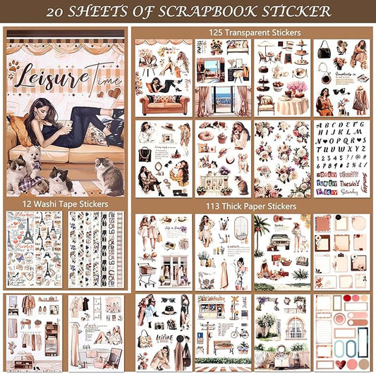AVECMOI Casual Themed Scrapbook Stickers for Women, Aesthetic Journaling Stickers with 251 Images, Paper & PET & Washi Tape Sticker for Planners, Bullet Journal, Mixed Media Art (Brown)