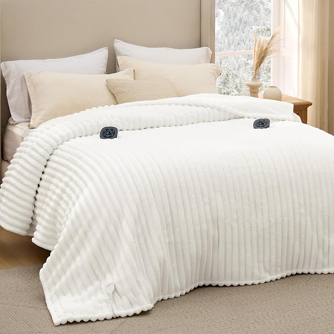 Bedsure Electric Blanket Queen Size - Thick Striped Flannel Electric Blanket with Dual Control, Heating with 10 Heat Settings & 10 Time Settings, 8 hrs Timer Auto Shut Off (84x90 inches, White)