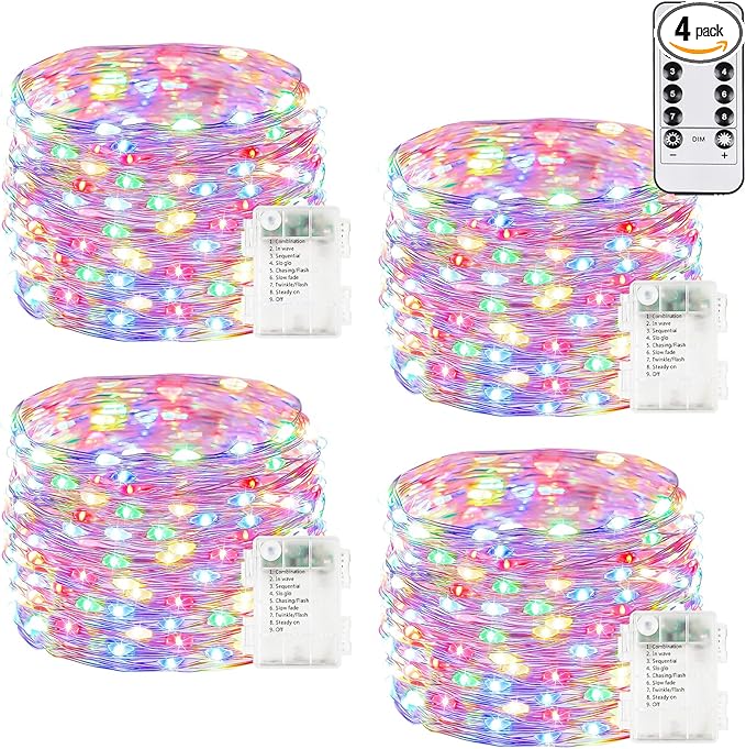 4Pack 80Ft 240LED Fairy Lights Battery Operated with Remote, Waterproof String Lights with Timer for Indoor & Outdoor, Twinkle Lights Battery Powered for Bedroom Christmas Decorations (Multicolor)