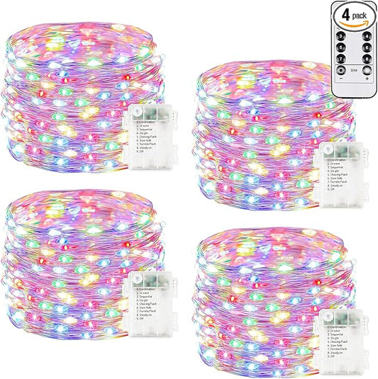 4Pack 80Ft 240LED Fairy Lights Battery Operated with Remote, Waterproof String Lights with Timer for Indoor & Outdoor, Twinkle Lights Battery Powered for Bedroom Christmas Decorations (Multicolor)